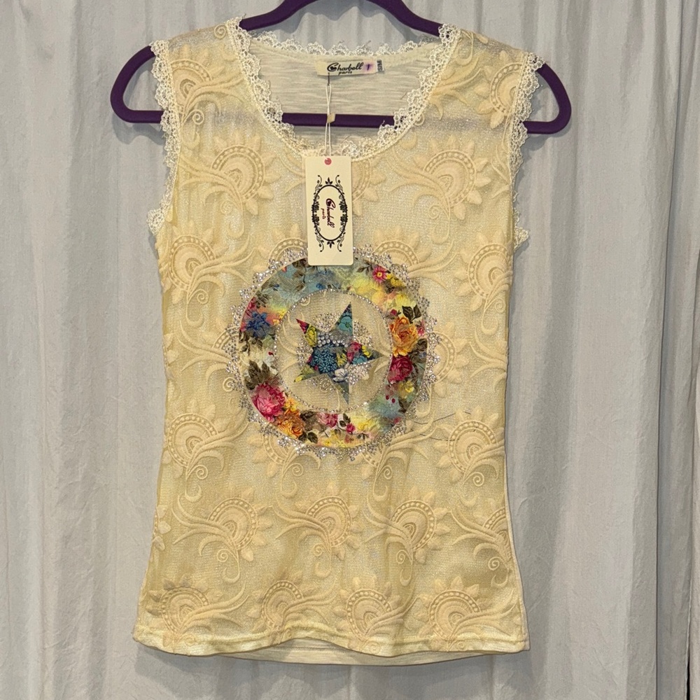 Y2K lace overlay shirt with rhinestone details
